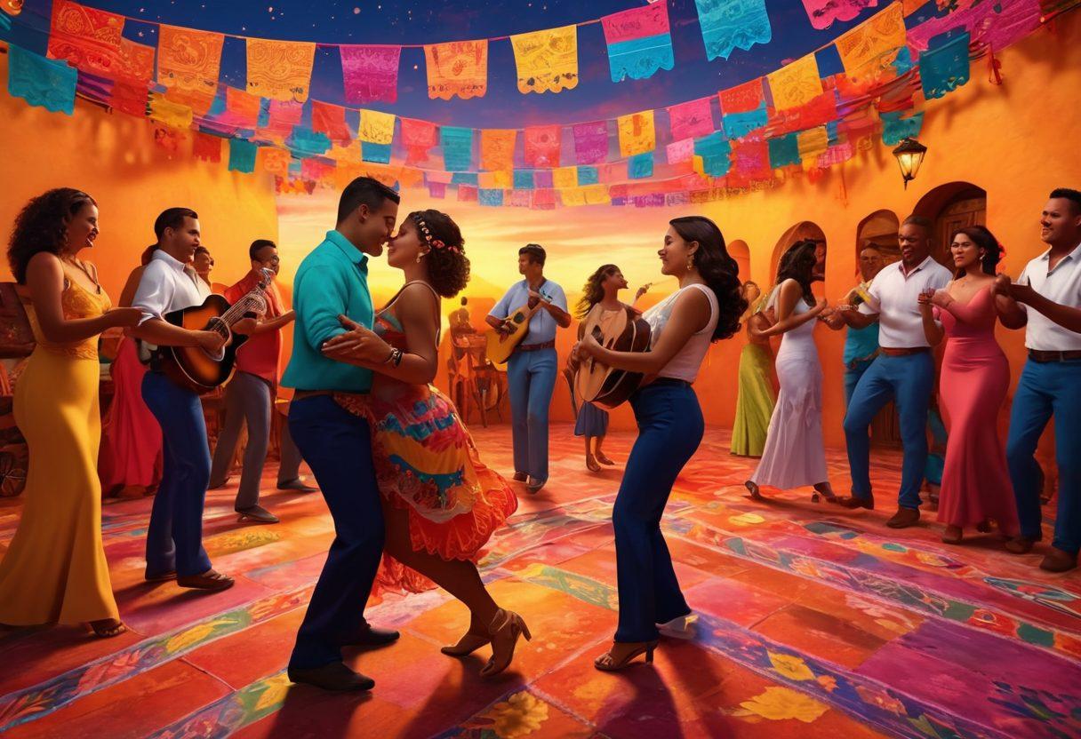 A lively celebration scene filled with couples dancing the salsa, surrounded by colorful papel picado banners and romantic candlelight. Capture the energy of Latin music with instruments like guitars and maracas in the background. Include a vibrant sunset sky and traditional decorations that reflect the richness of Latin culture. super-realistic. vibrant colors. 3D.