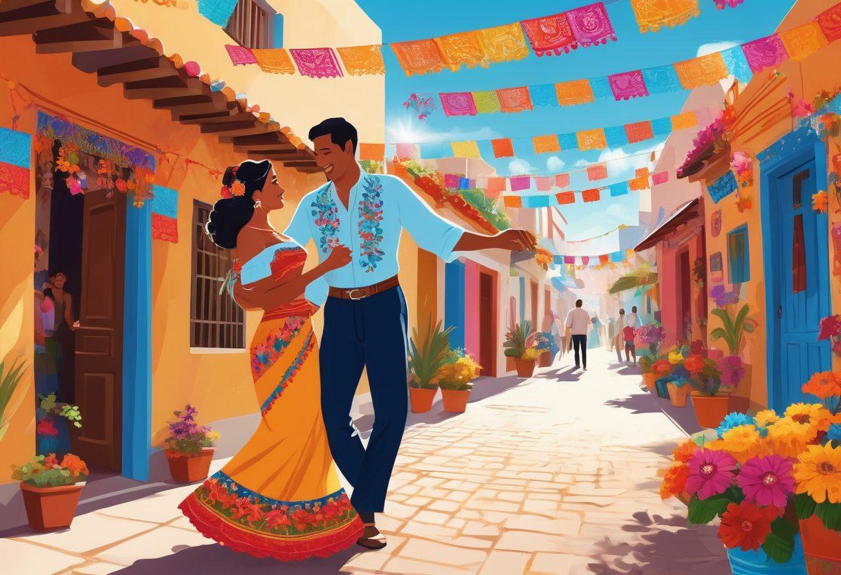 A vibrant street scene showcasing a couple dancing in traditional Hispanic attire, surrounded by colorful papel picado banners and rich floral decorations. Include elements like delicious food stalls with traditional dishes, artisan crafts, and people celebrating with joy and passion. Bright sunlight casting a warm glow on their smiles, emphasizing love and heritage. vector art. vibrant colors. blue sky.