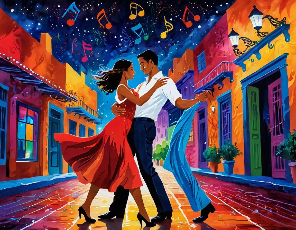 A vibrant scene capturing a couple dancing passionately under a starlit sky, surrounded by colorful musical notes and artistic brush strokes symbolizing romance. The setting should reflect elements of Latin culture with vivid decorations and instruments like guitars and maracas, creating a lively atmosphere. The couple should be dressed in traditional Latino attire, showcasing their connection through movement and expression. The overall tone is warm and inviting, evoking feelings of love and joy. super-realistic. vibrant colors. romantic ambiance.